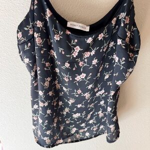 Honey Punch Black Floral Camisole with Pink Blossoms